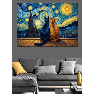 Yıldızlı Gecede Oturan Kediler Dekoratif Kanvas - Mdf Ahşap Tablo