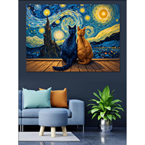 Yıldızlı Gecede Oturan Kediler Dekoratif Kanvas - Mdf Ahşap Tablo 70x100 cm