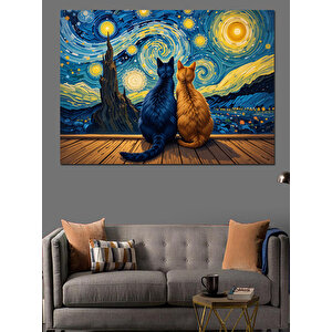 Yıldızlı Gecede Oturan Kediler Dekoratif Kanvas - Mdf Ahşap Tablo 70x100 cm