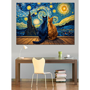 Yıldızlı Gecede Oturan Kediler Dekoratif Kanvas - Mdf Ahşap Tablo 70x100 cm