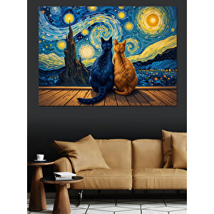 Yıldızlı Gecede Oturan Kediler Dekoratif Kanvas - Mdf Ahşap Tablo