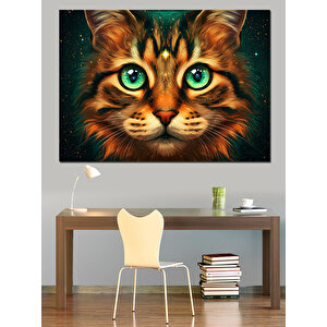 Büyük Gözlü Renkli Kedi Dekoratif Kanvas - Mdf Ahşap Tablo