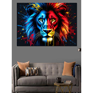 Mavi Kırmızı Aslan Portresi Dekoratif Kanvas - Mdf Ahşap Tablo