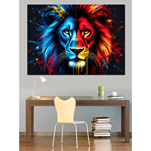 Mavi Kırmızı Aslan Portresi Dekoratif Kanvas - Mdf Ahşap Tablo
