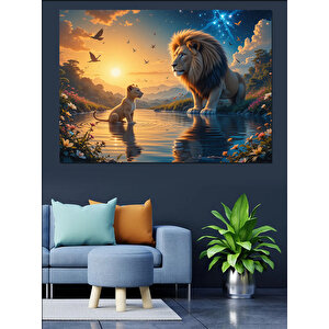 Göl Kenarında Aslan Ve Çocuk Dekoratif Kanvas - Mdf Ahşap Tablo 70x100 cm