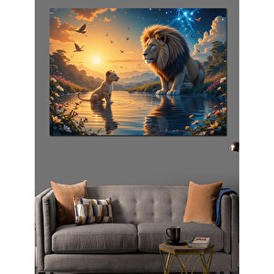 Göl Kenarında Aslan Ve Çocuk Dekoratif Kanvas - Mdf Ahşap Tablo 70x100 cm