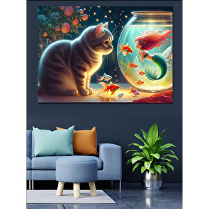 Denizkızı Konuşan Kedi Dekoratif Kanvas - Mdf Ahşap Tablo 100x140 cm