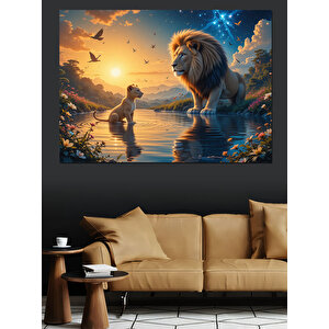 Göl Kenarında Aslan Ve Çocuk Dekoratif Kanvas - Mdf Ahşap Tablo