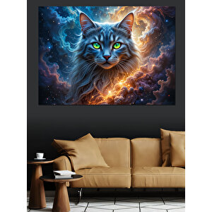 Galaktik Gözlü Kedi Portresi Dekoratif Kanvas - Mdf Ahşap Tablo 100x140 cm
