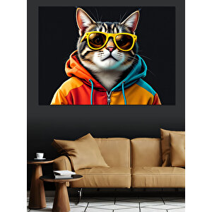 Gözlüklü Hoodie Giymiş Kedi Dekoratif Kanvas - Mdf Ahşap Tablo 35x50 cm