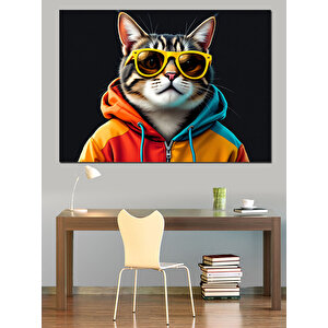 Gözlüklü Hoodie Giymiş Kedi Dekoratif Kanvas - Mdf Ahşap Tablo