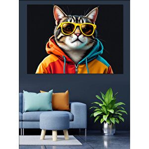 Gözlüklü Hoodie Giymiş Kedi Dekoratif Kanvas - Mdf Ahşap Tablo 100x140 cm