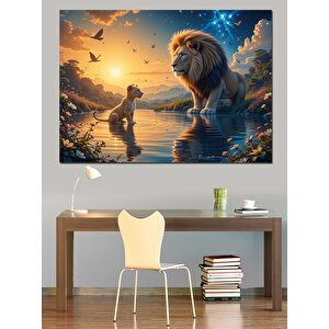 Göl Kenarında Aslan Ve Çocuk Dekoratif Kanvas - Mdf Ahşap Tablo 100x140 cm