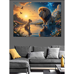 Göl Kenarında Aslan Ve Çocuk Dekoratif Kanvas - Mdf Ahşap Tablo