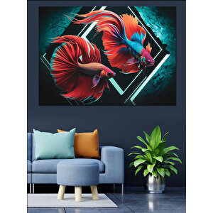 Kırmızı Savaşçı Beta Balıkları Dekoratif Kanvas - Mdf Ahşap Tablo 70x100 cm