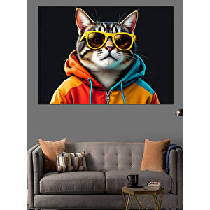Gözlüklü Hoodie Giymiş Kedi Dekoratif Kanvas - Mdf Ahşap Tablo 50x70 cm