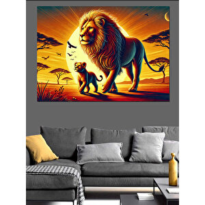 Gün Batımında Aslan Ve Yavru Dekoratif Kanvas - Mdf Ahşap Tablo