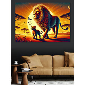 Gün Batımında Aslan Ve Yavru Dekoratif Kanvas - Mdf Ahşap Tablo 70x100 cm
