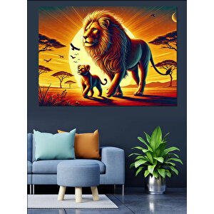 Gün Batımında Aslan Ve Yavru Dekoratif Kanvas - Mdf Ahşap Tablo 70x100 cm