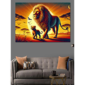 Gün Batımında Aslan Ve Yavru Dekoratif Kanvas - Mdf Ahşap Tablo 70x100 cm