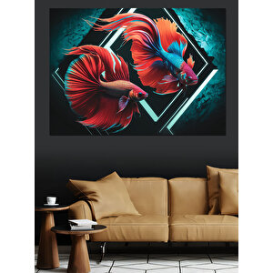 Kırmızı Savaşçı Beta Balıkları Dekoratif Kanvas - Mdf Ahşap Tablo 100x140 cm