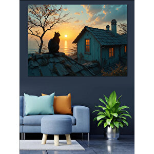 Çatıda Günbatımı Ve Kedi Dekoratif Kanvas - Mdf Ahşap Tablo 35x50 cm