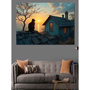 Çatıda Günbatımı Ve Kedi Dekoratif Kanvas - Mdf Ahşap Tablo 35x50 cm