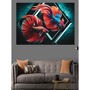 Kırmızı Savaşçı Beta Balıkları Dekoratif Kanvas - Mdf Ahşap Tablo 50x70 cm