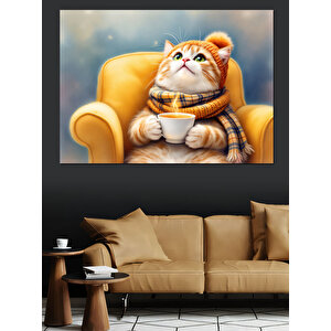 Koltuğa Oturmuş Tatlı Kedi Dekoratif Kanvas - Mdf Ahşap Tablo 100x140 cm