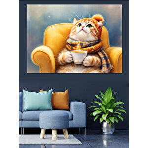Koltuğa Oturmuş Tatlı Kedi Dekoratif Kanvas - Mdf Ahşap Tablo 100x140 cm