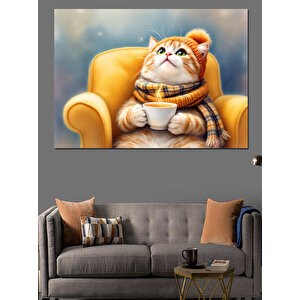 Koltuğa Oturmuş Tatlı Kedi Dekoratif Kanvas - Mdf Ahşap Tablo 100x140 cm