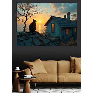 Çatıda Günbatımı Ve Kedi Dekoratif Kanvas - Mdf Ahşap Tablo 100x140 cm