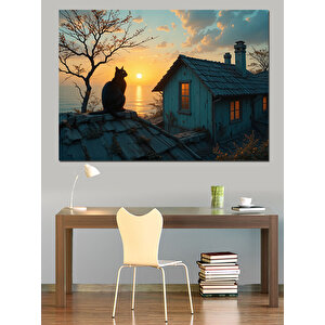 Çatıda Günbatımı Ve Kedi Dekoratif Kanvas - Mdf Ahşap Tablo