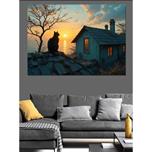 Çatıda Günbatımı Ve Kedi Dekoratif Kanvas - Mdf Ahşap Tablo