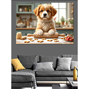 Mutfakta Kurabiye Yapan Köpek Dekoratif Kanvas - Mdf Ahşap Tablo 25x35 cm