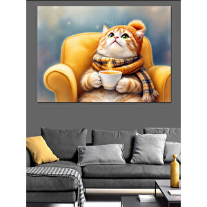 Koltuğa Oturmuş Tatlı Kedi Dekoratif Kanvas - Mdf Ahşap Tablo