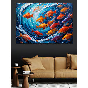 Dairesel Kırmızı Balık Sürüsü Dekoratif Kanvas - Mdf Ahşap Tablo 70x100 cm