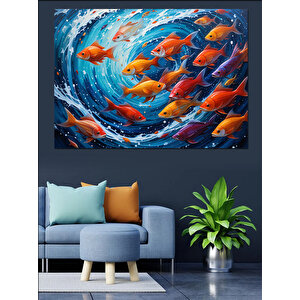 Dairesel Kırmızı Balık Sürüsü Dekoratif Kanvas - Mdf Ahşap Tablo 70x100 cm