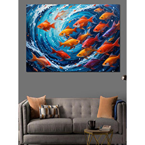 Dairesel Kırmızı Balık Sürüsü Dekoratif Kanvas - Mdf Ahşap Tablo 70x100 cm