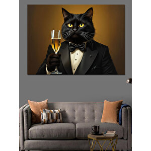 Smokinli Kadehli Siyah Kedi Dekoratif Kanvas - Mdf Ahşap Tablo
