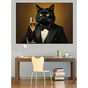 Smokinli Kadehli Siyah Kedi Dekoratif Kanvas - Mdf Ahşap Tablo