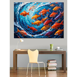 Dairesel Kırmızı Balık Sürüsü Dekoratif Kanvas - Mdf Ahşap Tablo