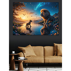 Aslan Ve Gün Batımı Dekoratif Kanvas - Mdf Ahşap Tablo 25x35 cm