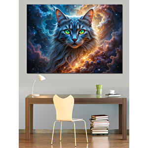 Galaktik Gözlü Kedi Portresi Dekoratif Kanvas - Mdf Ahşap Tablo
