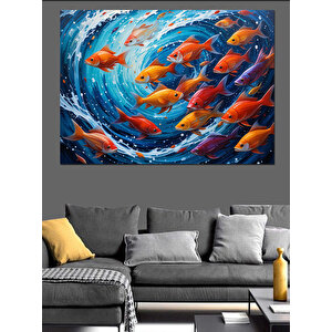 Dairesel Kırmızı Balık Sürüsü Dekoratif Kanvas - Mdf Ahşap Tablo