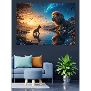 Aslan Ve Gün Batımı Dekoratif Kanvas - Mdf Ahşap Tablo 100x140 cm