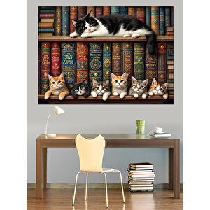 Kütüphane Rafında Uykucu Kedi Dekoratif Kanvas - Mdf Ahşap Tablo