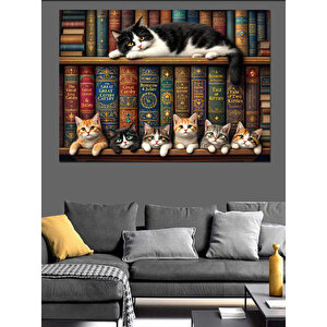 Kütüphane Rafında Uykucu Kedi Dekoratif Kanvas - Mdf Ahşap Tablo