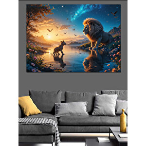 Aslan Ve Gün Batımı Dekoratif Kanvas - Mdf Ahşap Tablo 50x70 cm