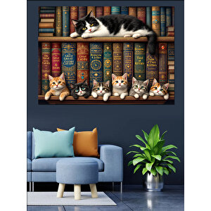 Kütüphane Rafında Uykucu Kedi Dekoratif Kanvas - Mdf Ahşap Tablo 100x140 cm